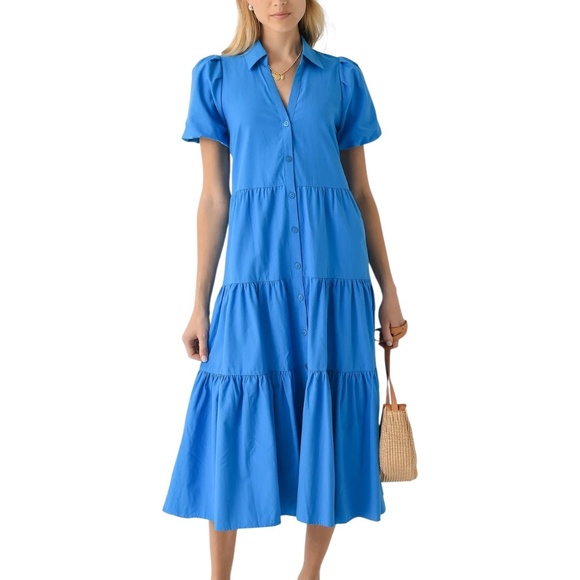 BROCHU WALKER THE HAVANA DRESS MIDI TIERED SKIRT PUFF SLEEVE CASUAL LUXE CHIC L - Picture 1 of 12